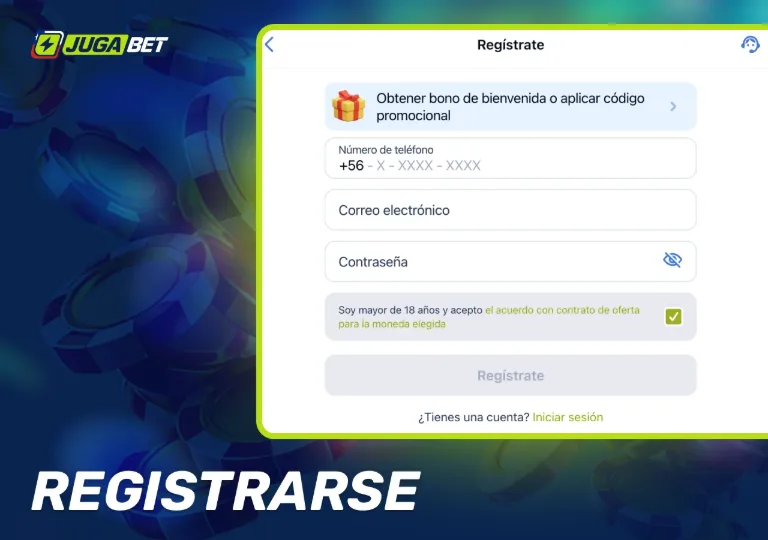 Formulario de alta de JugaBet con el campo promocional visible